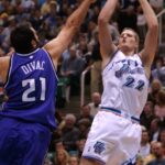 Curtis Borchardt, #22, of Jazz, shoots the ball (Credit: Amanda Lucidon, Deseret News)