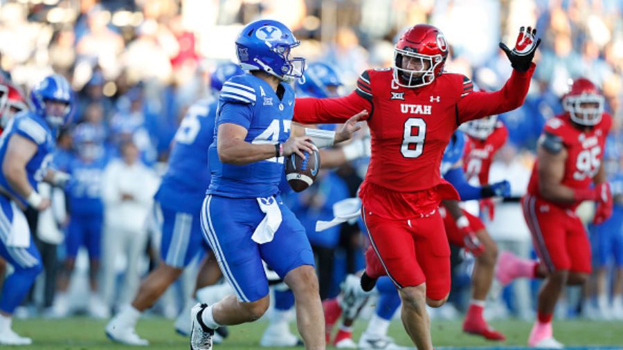 Bear Bachmeier #47 of the BYU Cougars Holy War Utah...