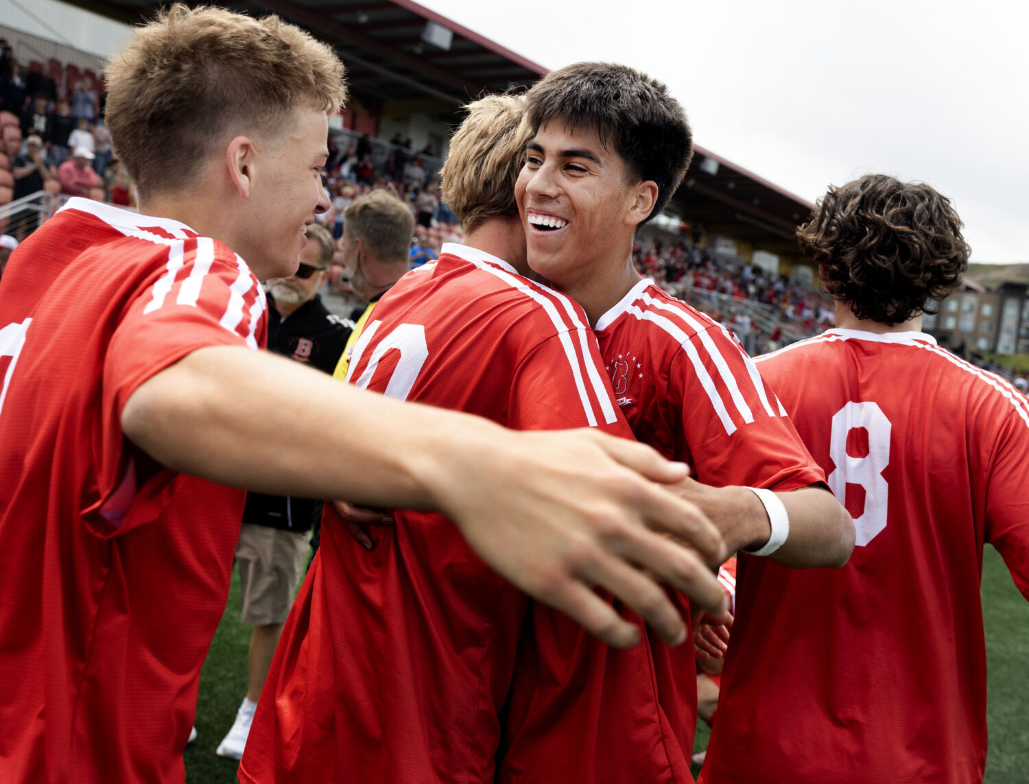 Bountiful celebrates their 5A soccer state championship victory against Maple Mountain at Zions Ban...