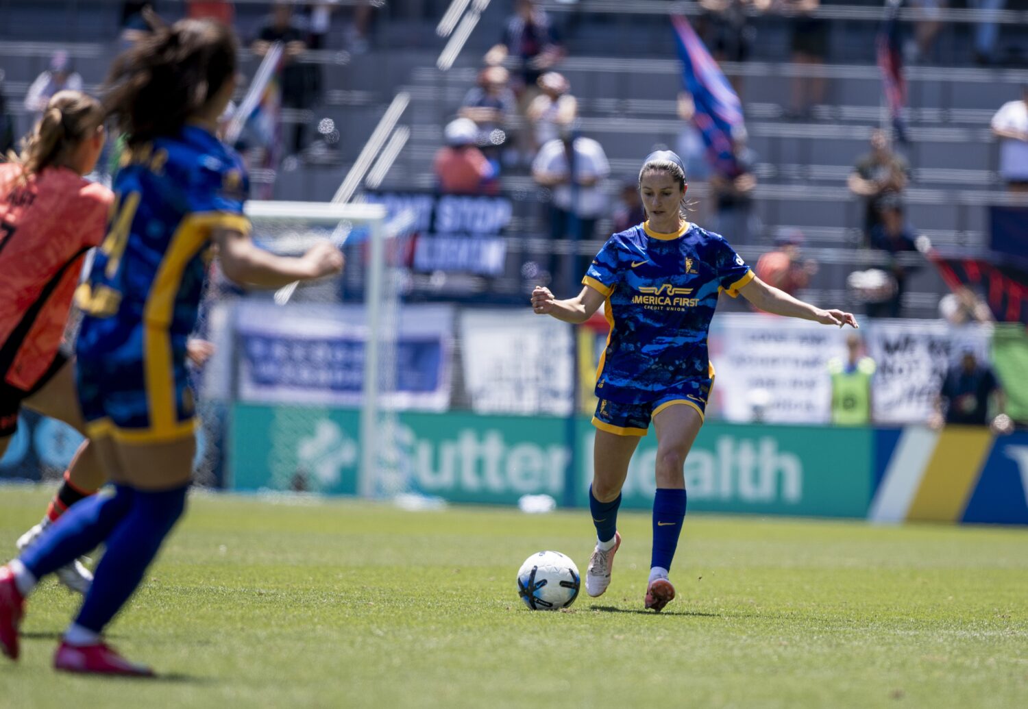 Utah Royals defender Kaleigh Riehl dribbles the ball against Bay FC during an NWSL match, Sunday, M...