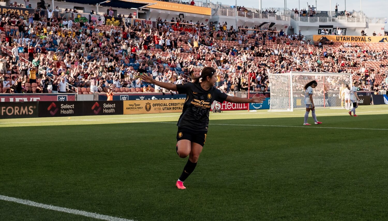 Utah Royals' Narumi Miura celebrates a goal during a 1-0 win over the Orlando Pride, Saturday, July...