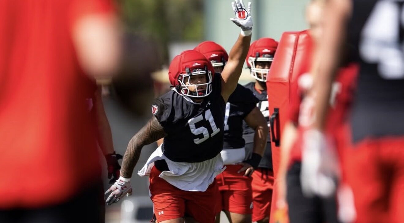 Defensive tackle Karson Kaufusi working through drills. Photo courtesy by Utah Athletics....