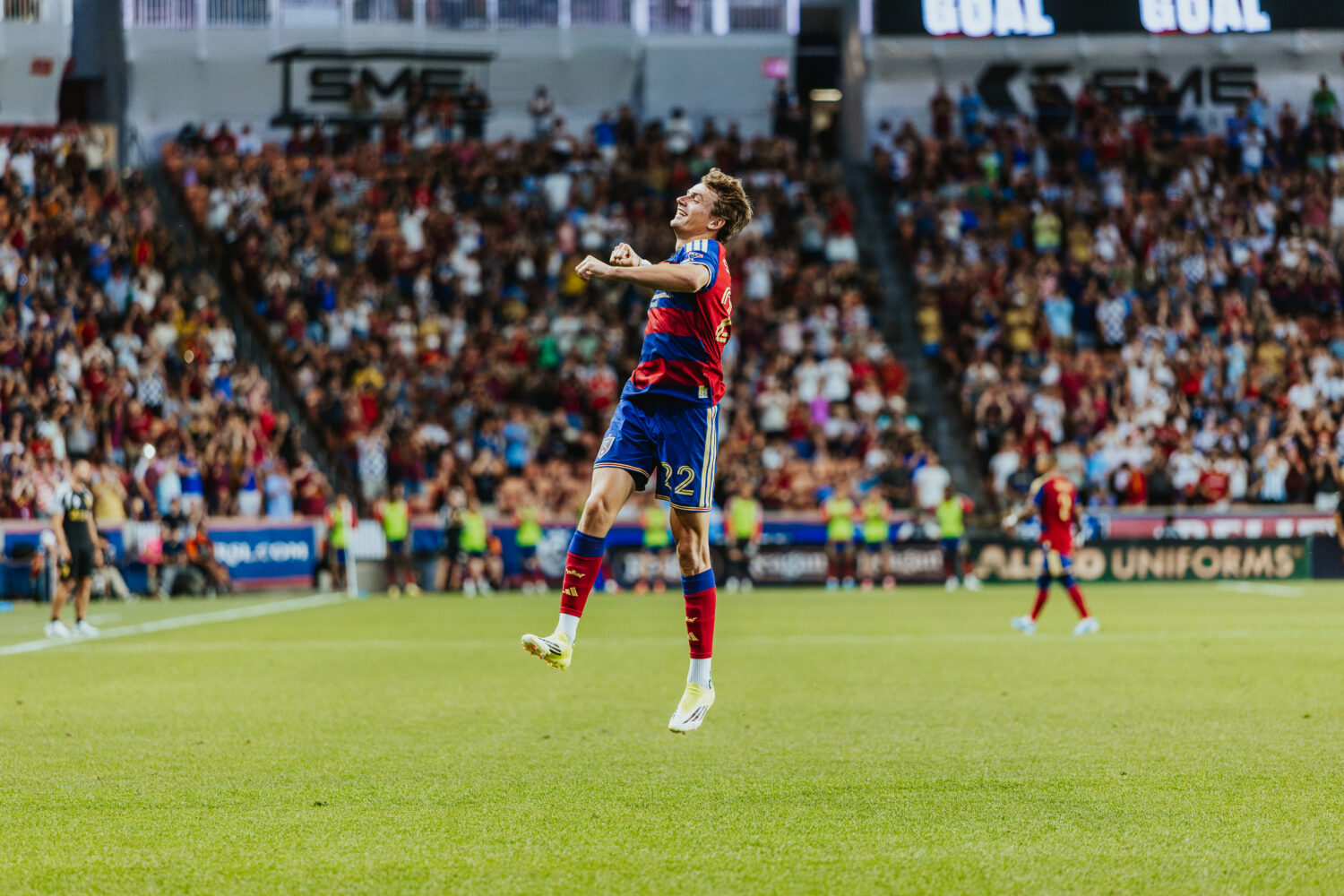 Real Salt Lake forward Sergi Solans celebrates one of two goals during a 4-1 win over England's Bur...