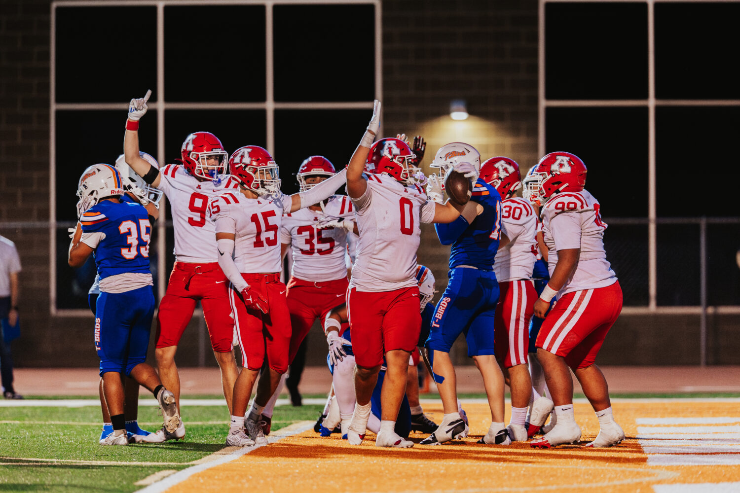 American Fork celebrates Daliin Afu's fumble recovery for a touchdown during a 28-26 win over Timpv...