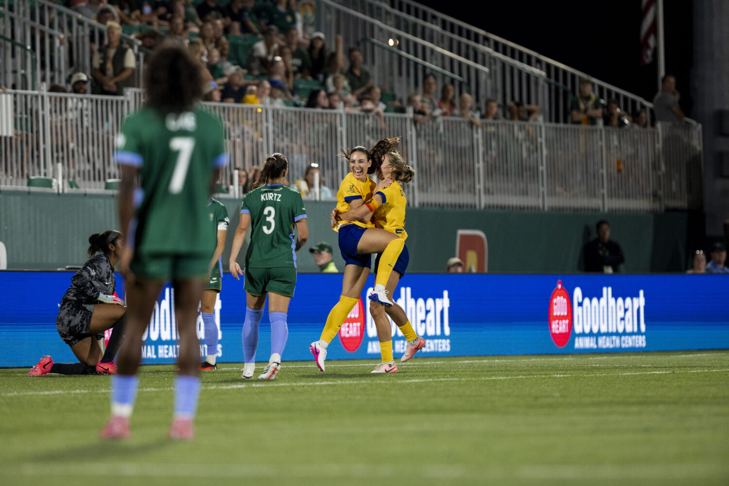 Utah Royals celebrate Tatumn Milazzo's goal during an NWSL match against Denver Summit FC, Saturday...