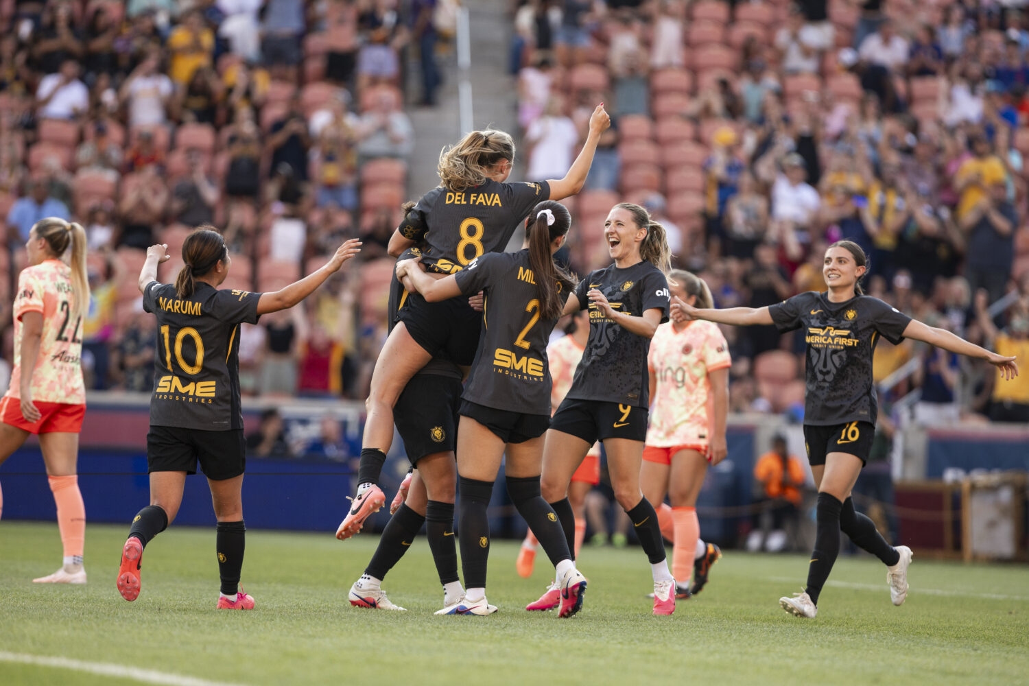 Utah Royals FC defender Kate Del Fava celebrates her goal during a 5-1 win over Portland Thorns FC ...