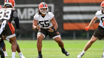 Former Utah football standout Spencer Fano in training camp with the Cleveland Browns....