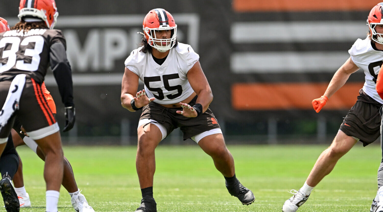 Former Utah football standout Spencer Fano in training camp with the Cleveland Browns....