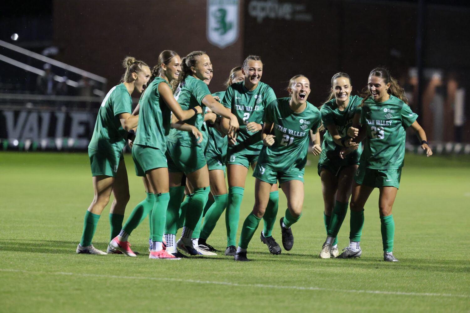 Utah Valley's Addie Olson celebrates her goal with her teammates during UVU's 1-1 draw with Michiga...