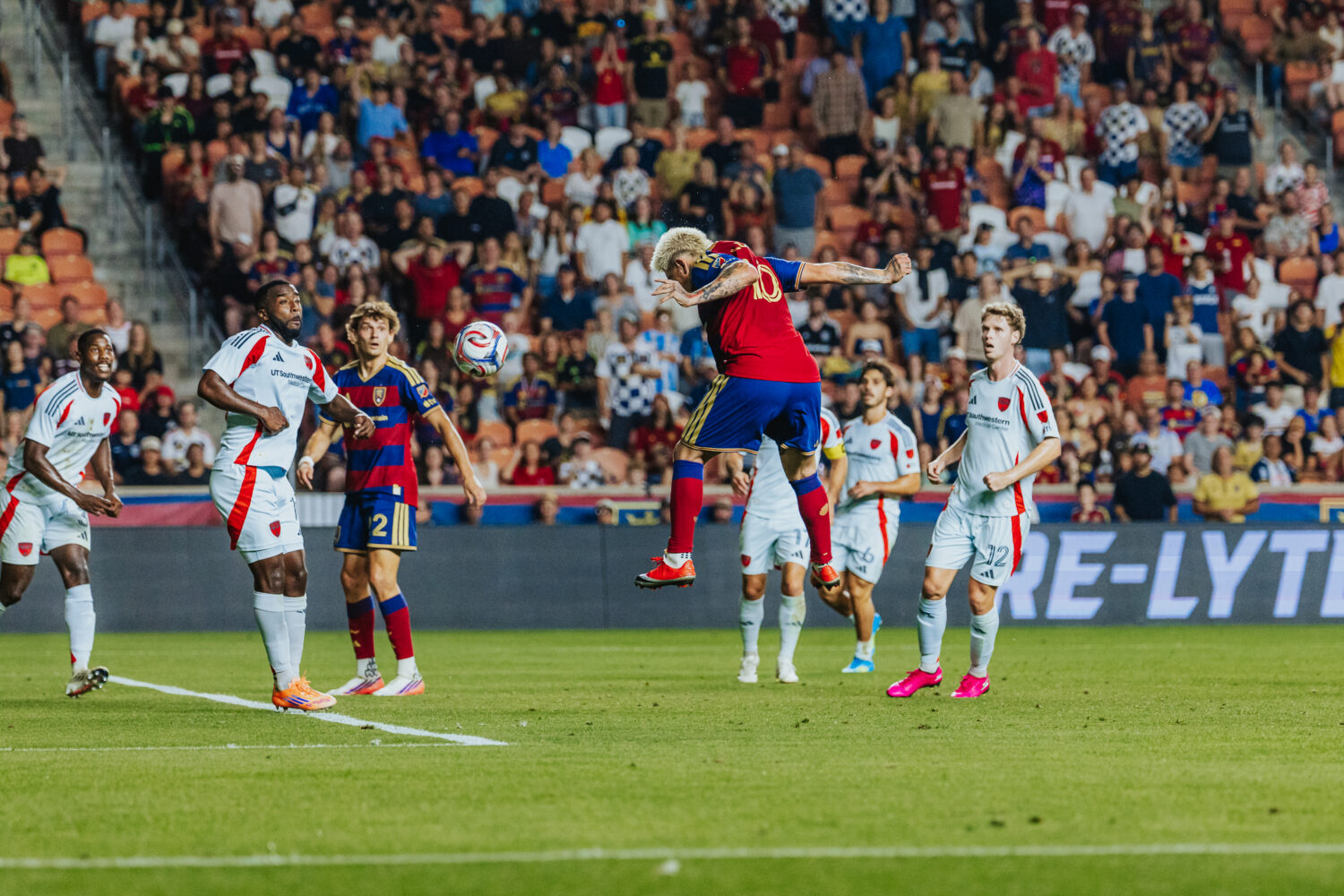 Real Salt Lake winger Diego Luna rises up to score a goal during the club's 4-3 loss to FC Dallas, ...