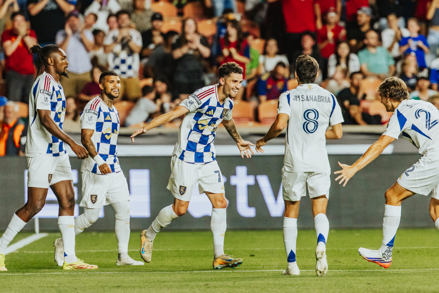 Real Salt Lake celebrates a goal by Lineker Rodrigues during a 3-0 win over FC Juarez in a Leagues ...