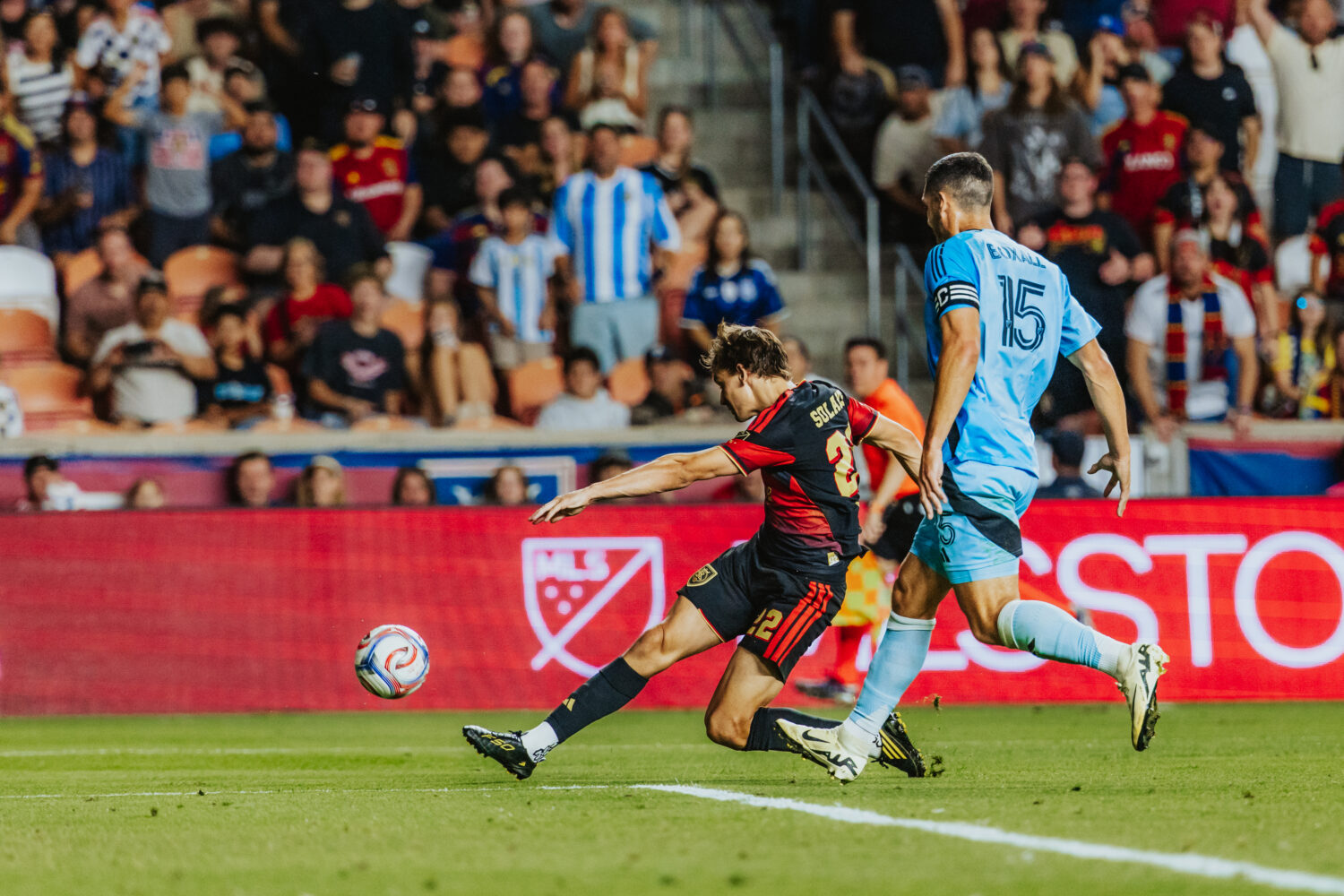 Real Salt Lake striker Sergi Solans scores against Minnesota United FC during an MLS match, Saturda...