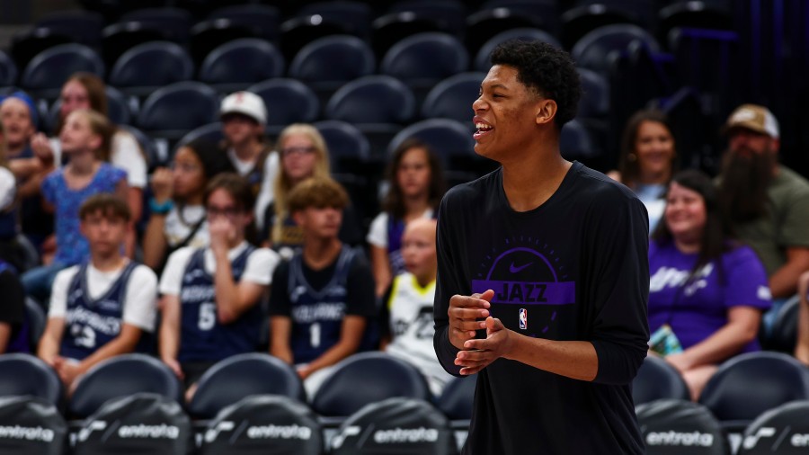 Utah Jazz guard Ace Bailey (19) warms up before an NBA game for the Utah Jazz | Nike...