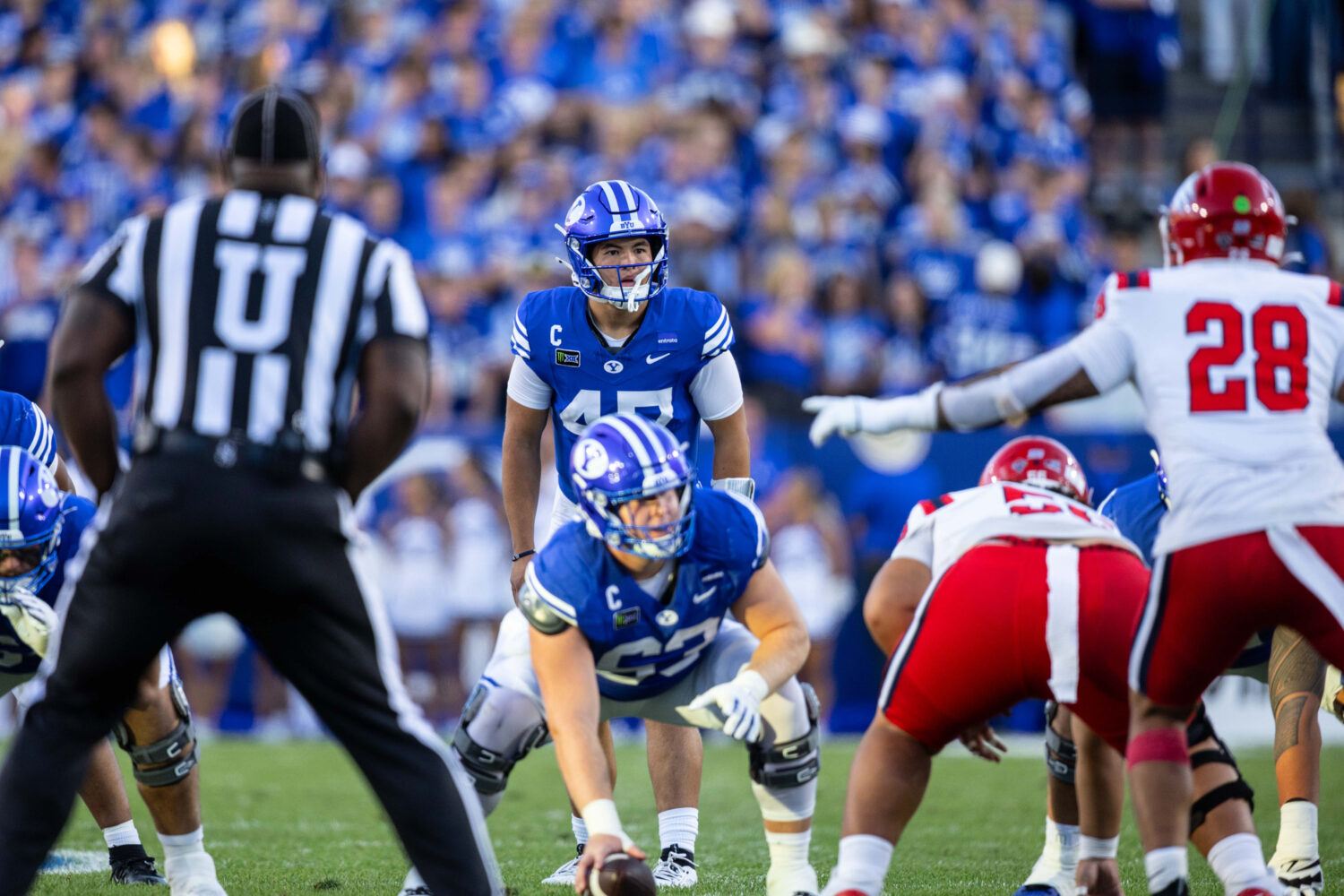 BYU Cougars quarterback Bear Bachmeier (47) reads the defense during a game against Utah Tech at La...