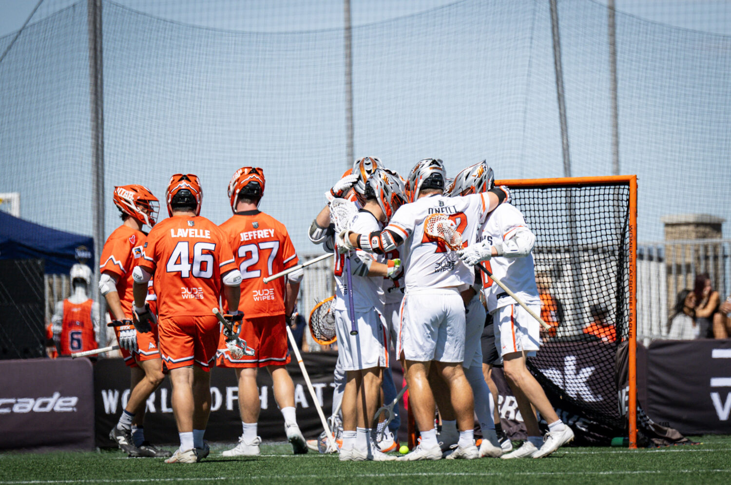 The Denver Outlaws celebrate a goal during a 11-5 win over the Utah Archers in a Premier Lacrosse L...