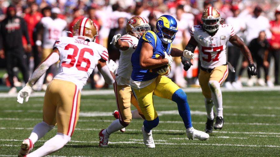 Puka Nacua #12 of the Los Angeles Rams...