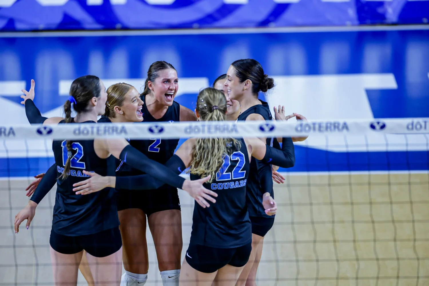 BYU women's volleyball celebrates a point during a 3-0 sweep of Eastern Illinois to improve to 3-0 ...