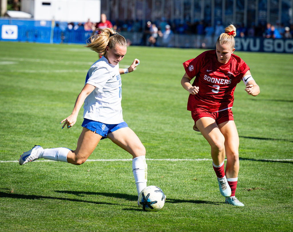 BYU winger Sophie Sivulich puts up a shot during the No. 14 Cougars' 1-1 draw against Oklahoma, Sat...