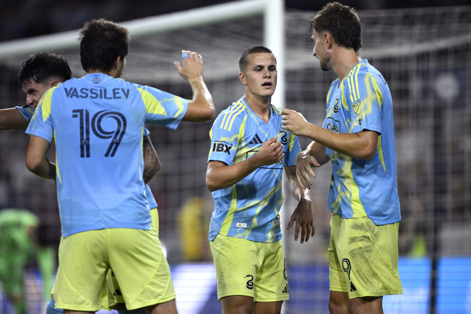 Bruno Damiani #9 of the Philadelphia Union celebrates scoring with Cavan Sullivan #6 in the second ...