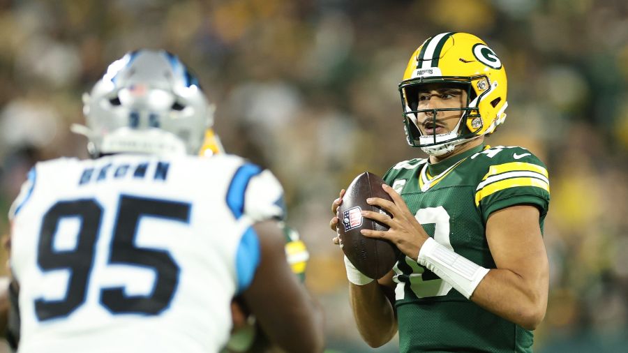 Jordan Love #10 of the Green Bay Packers vs. Panthers 2026...