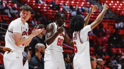 Utah basketball celebrating a basket in exhibition game, prepare for season opener....