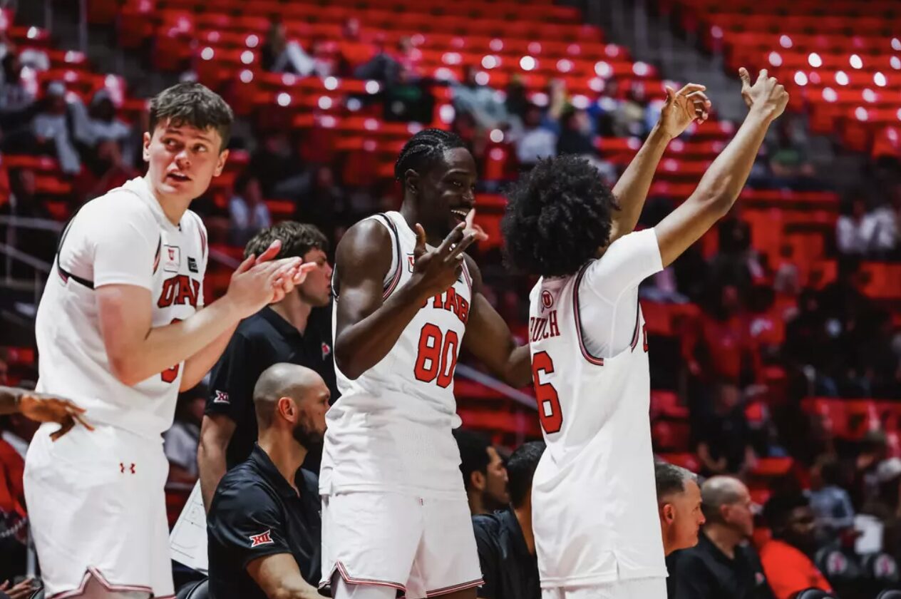 Utah basketball celebrating a basket in exhibition game, prepare for season opener....